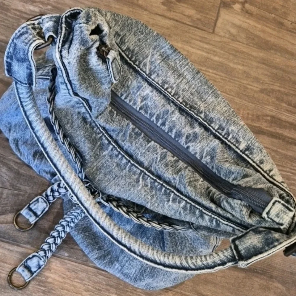 Vtg Denim Braided Detail Zipper Closure Boho Bohemian Hobo Shoulder Bag